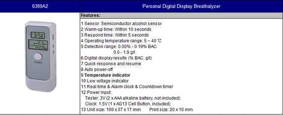 Sensor Bac Tester pessoal 6389a2 do álcool do semicondutor com a pilha alcalina de 2 X Aaa